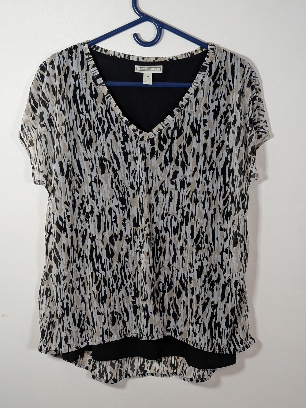 Dana Buchman Printed V-Neck Layered Top in Black and Cream
